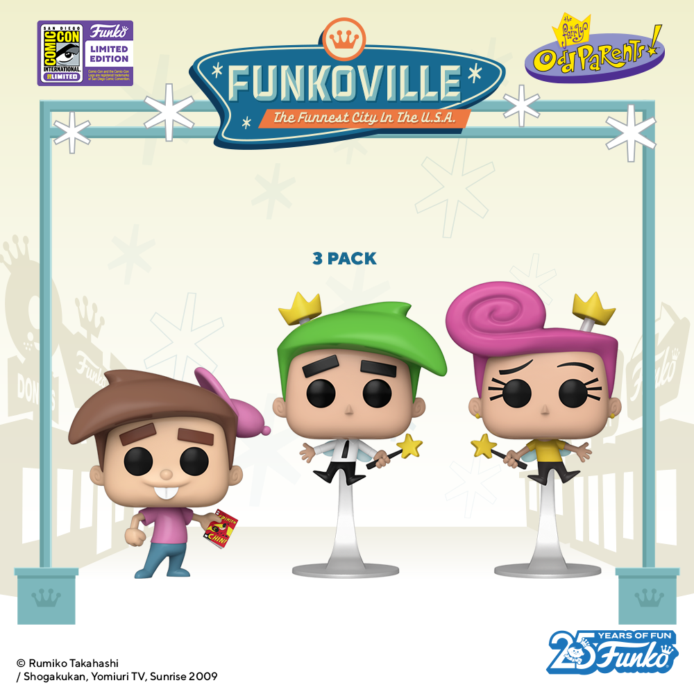 It's a fairly odd 3-pack! SDCC 2023 will see the arrival of the convention exclusive 3-pack of Pop! Timmy Turner, Pop! Cosmo, and Pop! Wanda. Cosmo and Wanda are in flight on clear bases, wands ready to grant little Timmy's every wish.